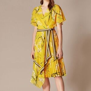 Karen Millen Women’s Yellow Floral Pleated Wrap Dress Size 4